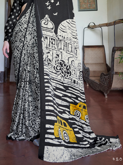 Unique Black & White Printed Satin Silk Saree