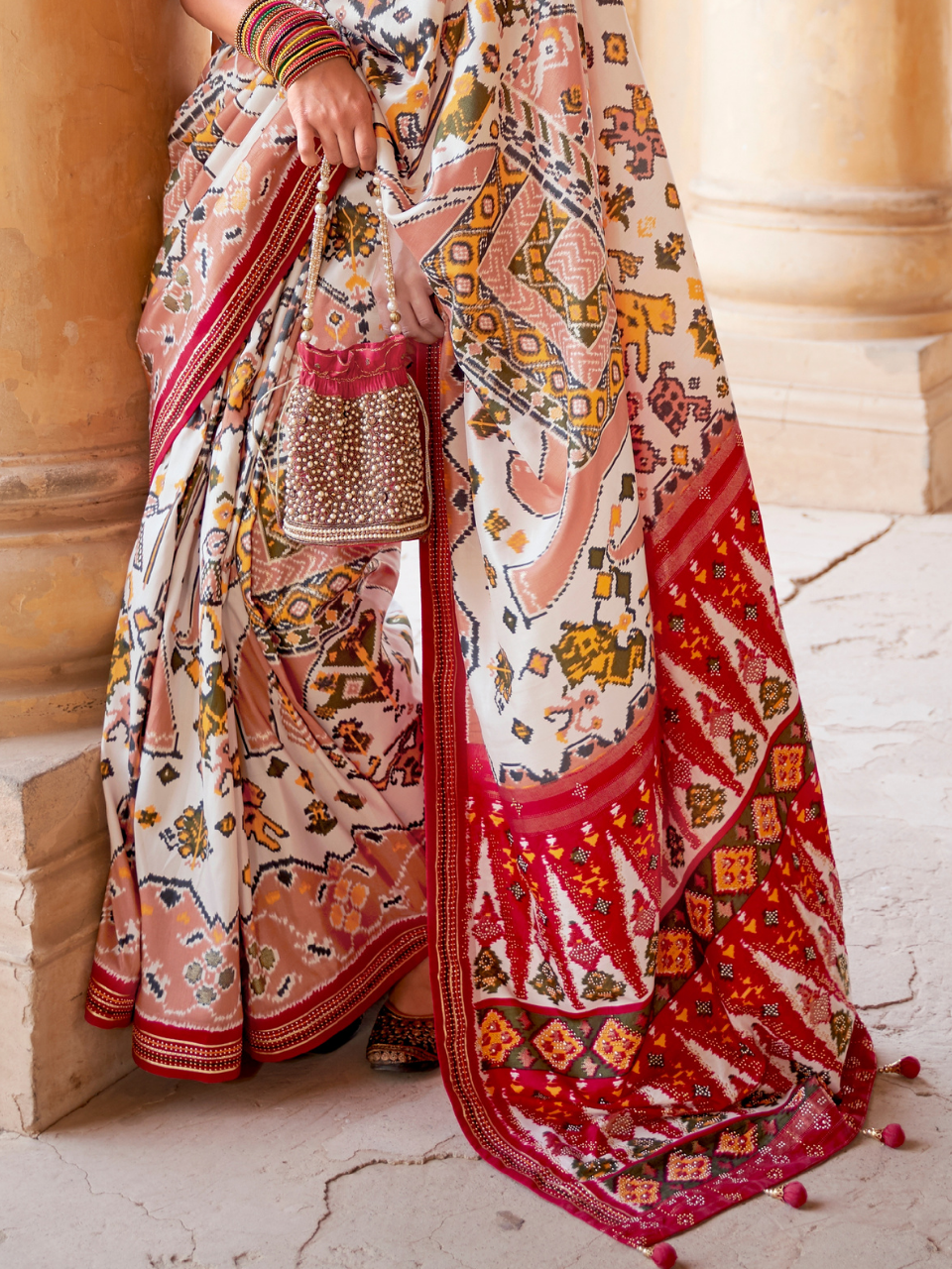 Alluring White Patola Silk Saree