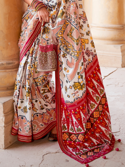 Alluring White Patola Silk Saree