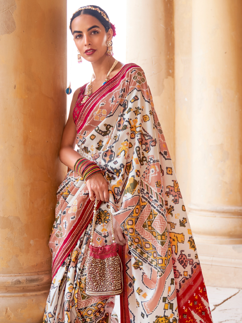 Alluring White Patola Silk Saree