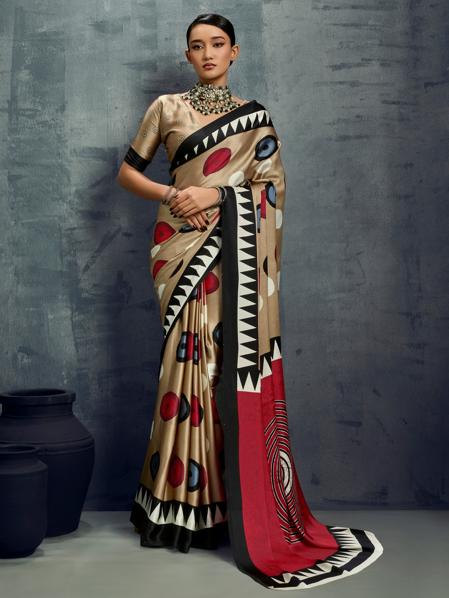 Hazelnut Beige Printed Satin Silk Saree