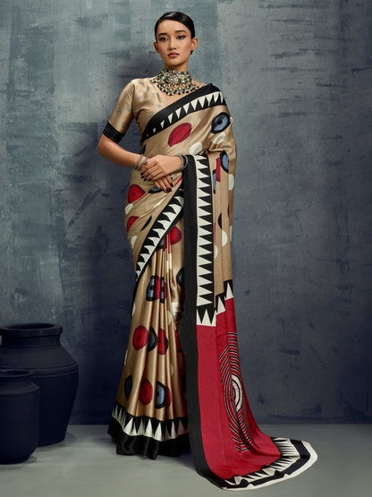 Hazelnut Beige Printed Satin Silk Saree