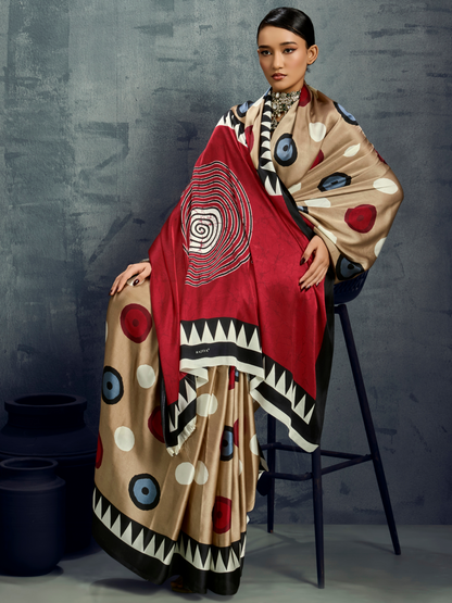Hazelnut Beige Printed Satin Silk Saree