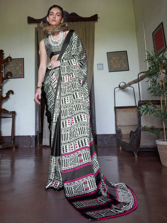 Black & White Printed Satin Silk Saree