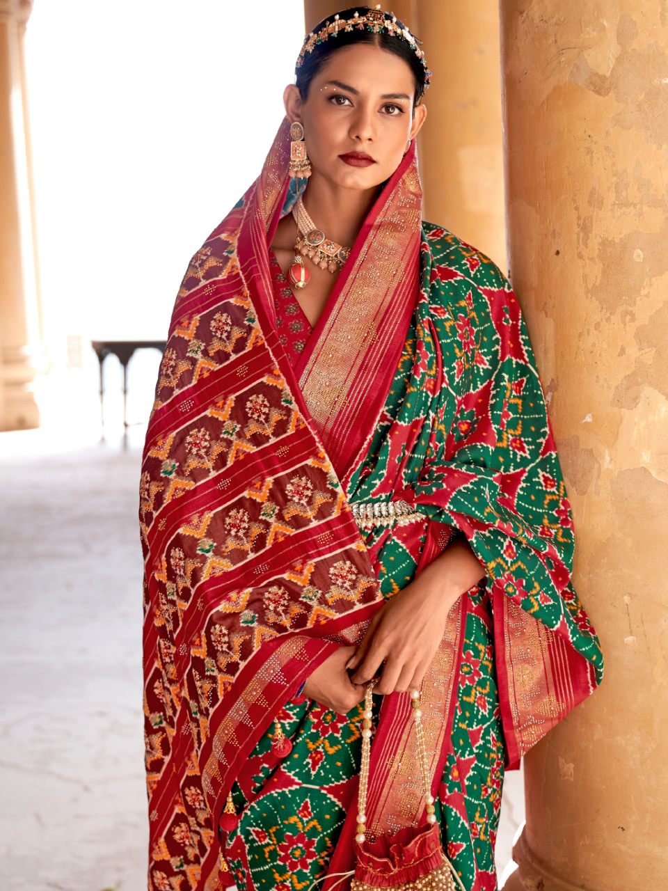 Green and Red Patola Silk Saree