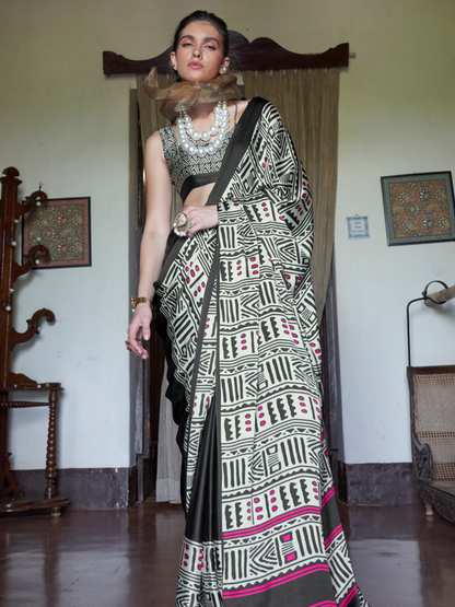 Black & White Printed Satin Silk Saree