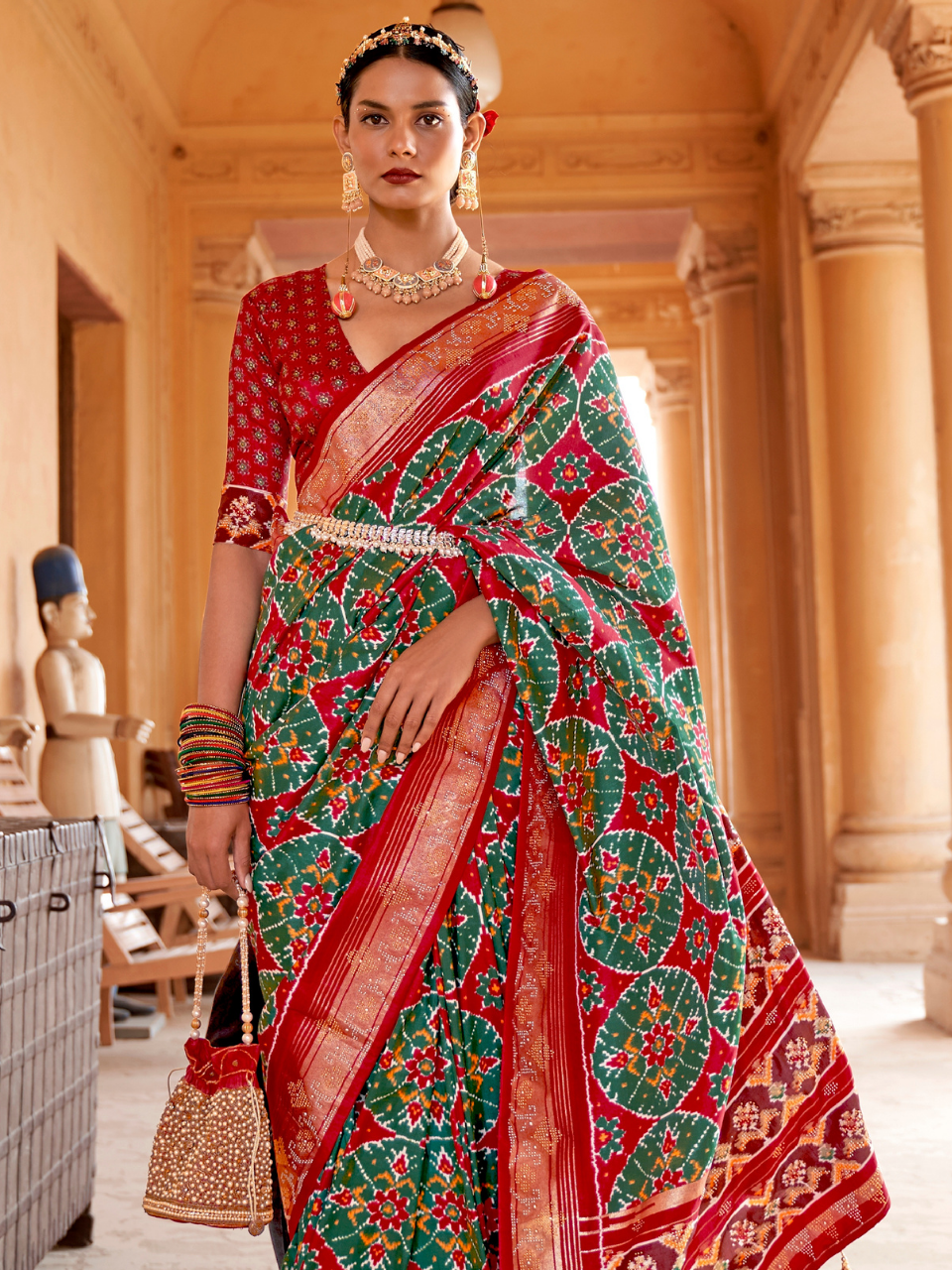 Green and Red Patola Silk Saree