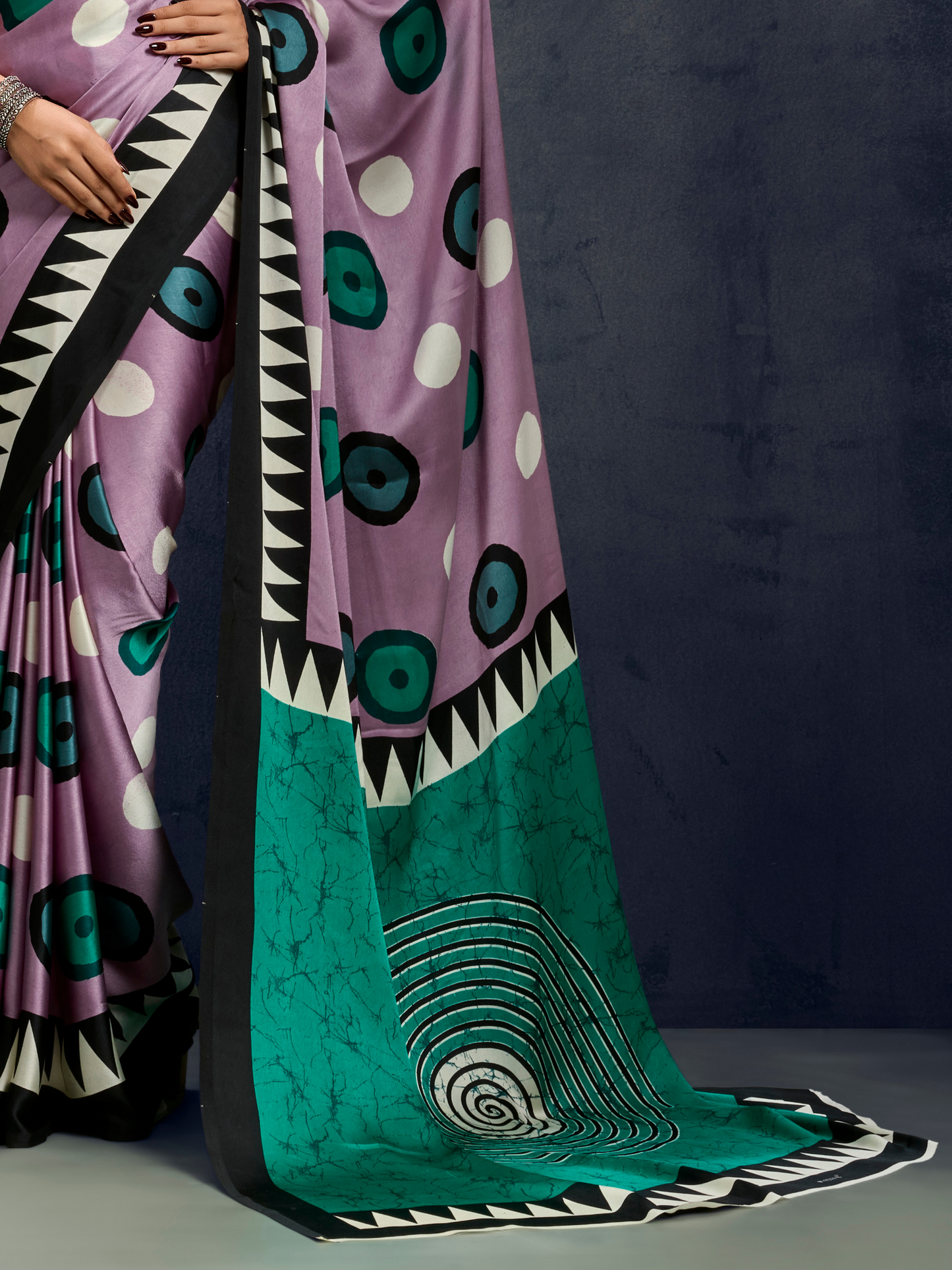 Lilac Purple Printed Satin Silk Saree