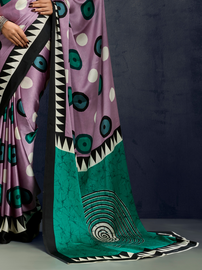 Lilac Purple Printed Satin Silk Saree