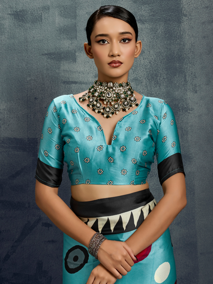 Azure Blue Printed Satin Silk Saree