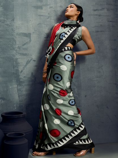 Metallic Gray Printed Satin Silk Saree
