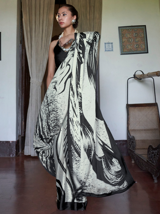 Black & White Printed Satin Silk Saree
