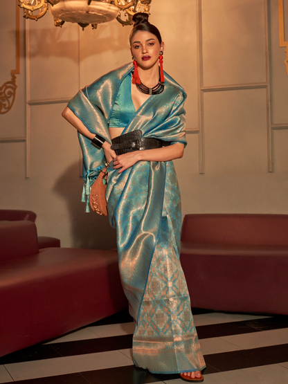 Shiny Blue Woven Kanjivaram Silk Saree