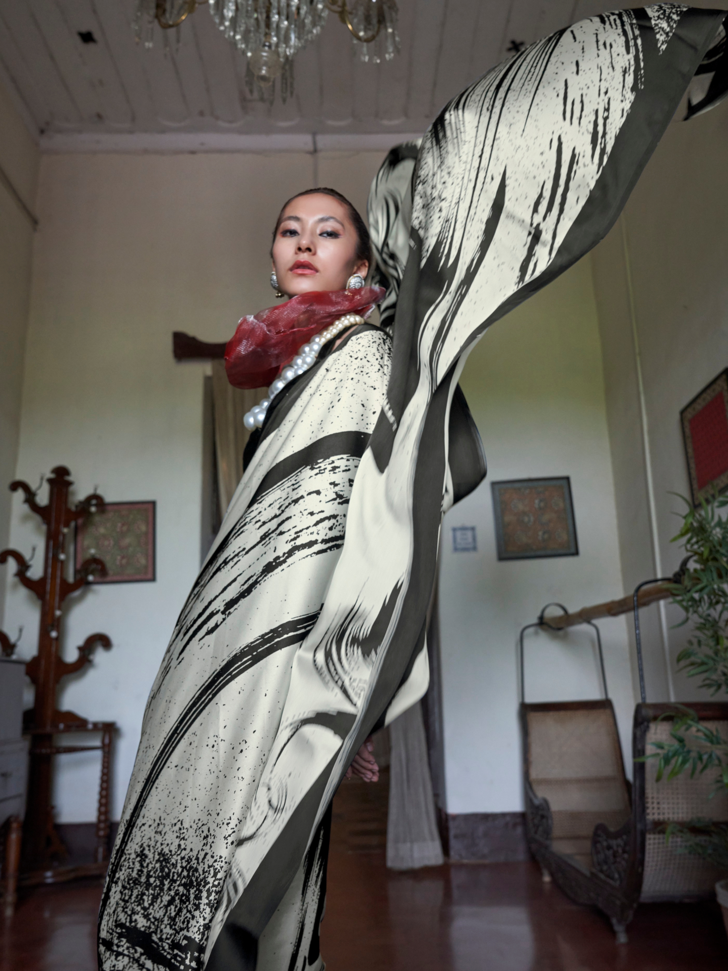 Black & White Printed Satin Silk Saree
