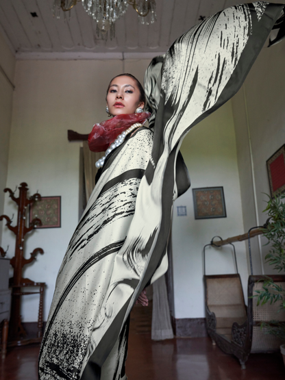 Black & White Printed Satin Silk Saree