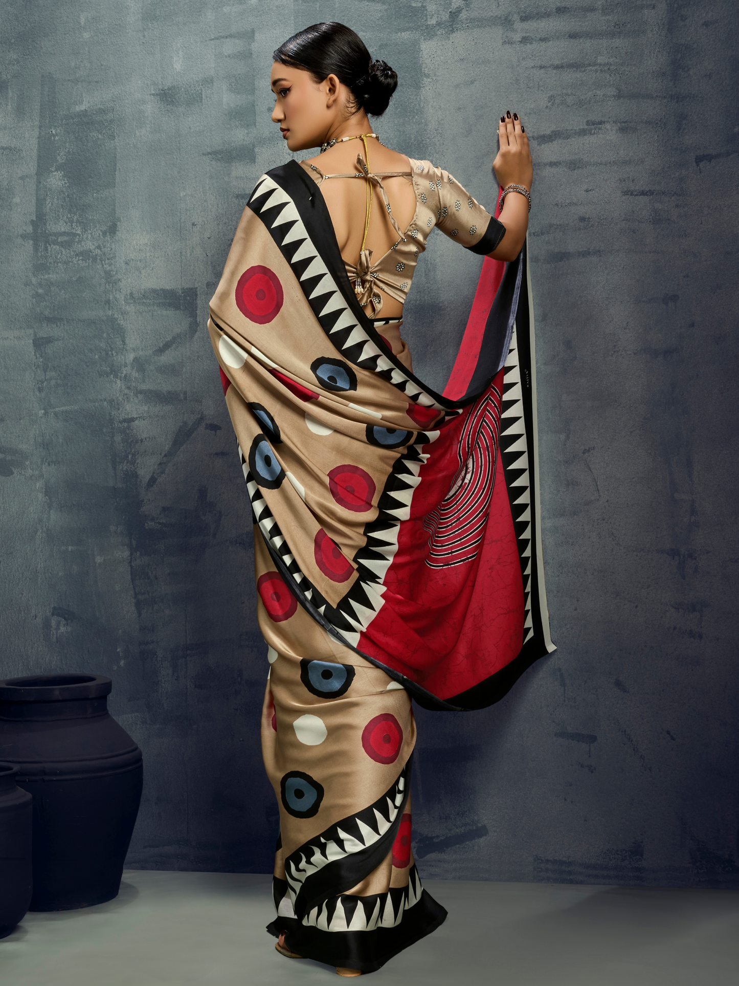 Hazelnut Beige Printed Satin Silk Saree