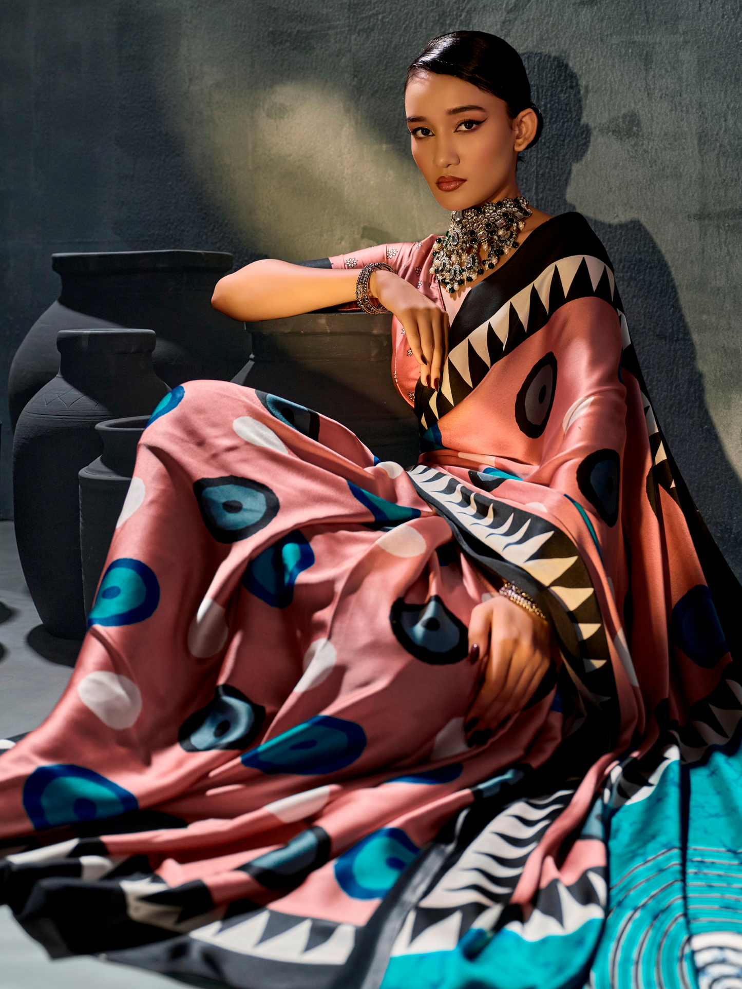 Salmon Pink Printed Satin Silk Saree