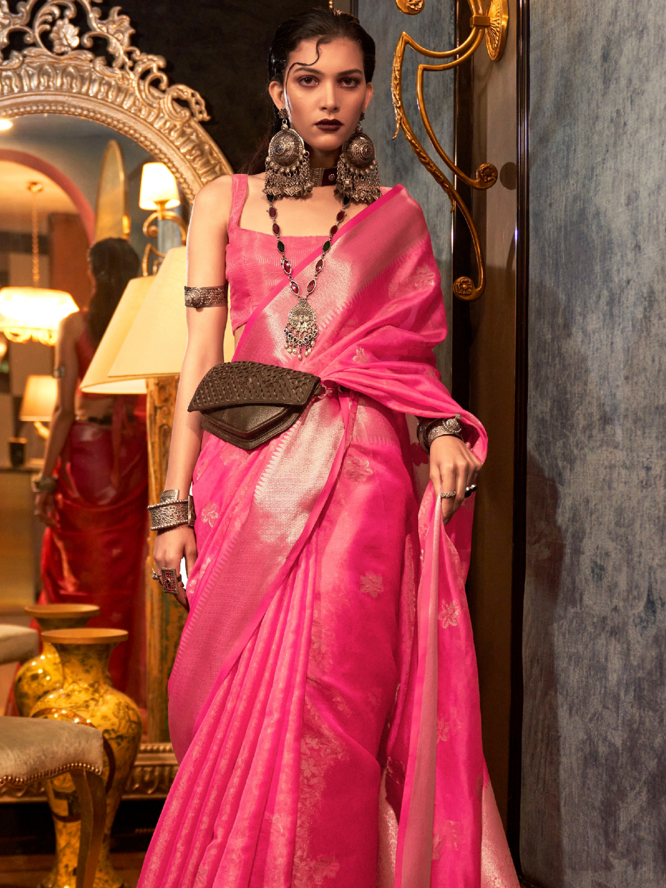 hot pink organza saree