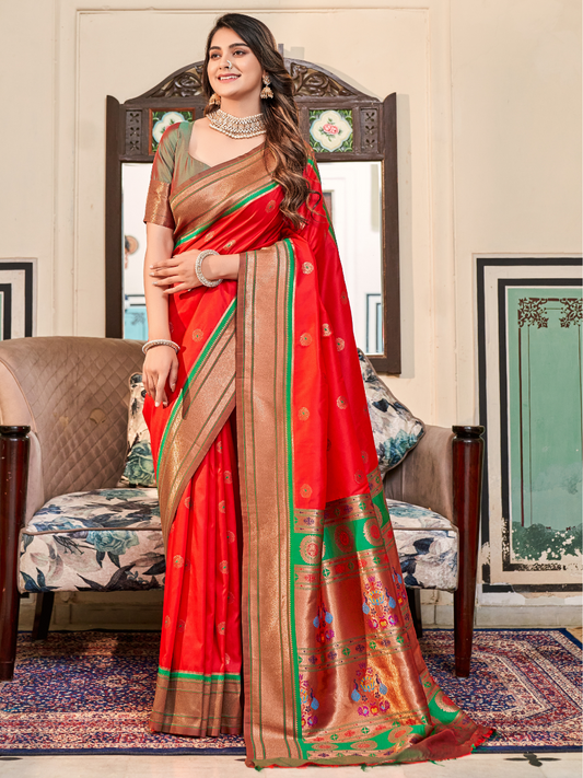 True Red Woven Soft Silk Paithani Saree