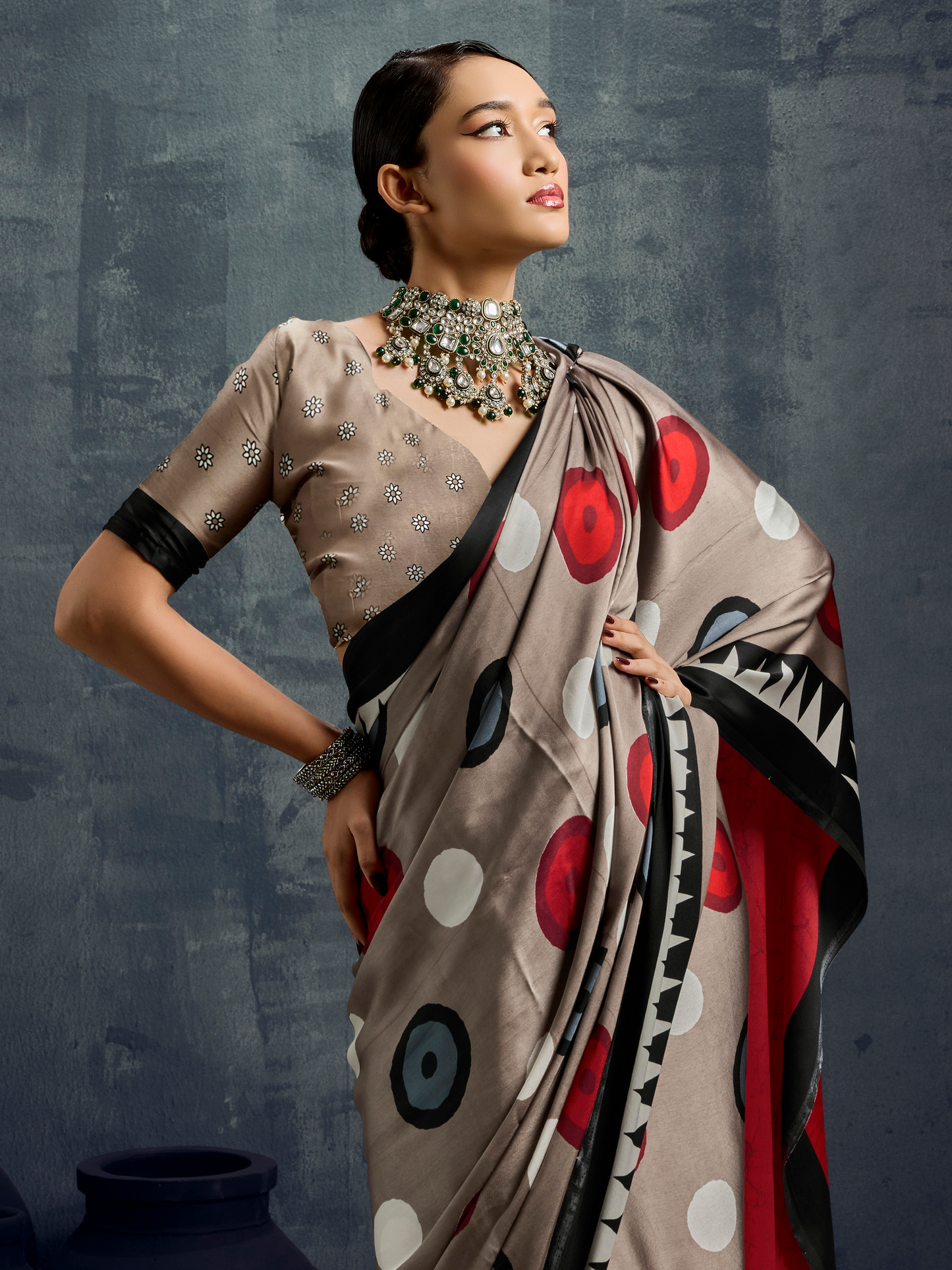 Dove Gray Printed Satin Silk Saree