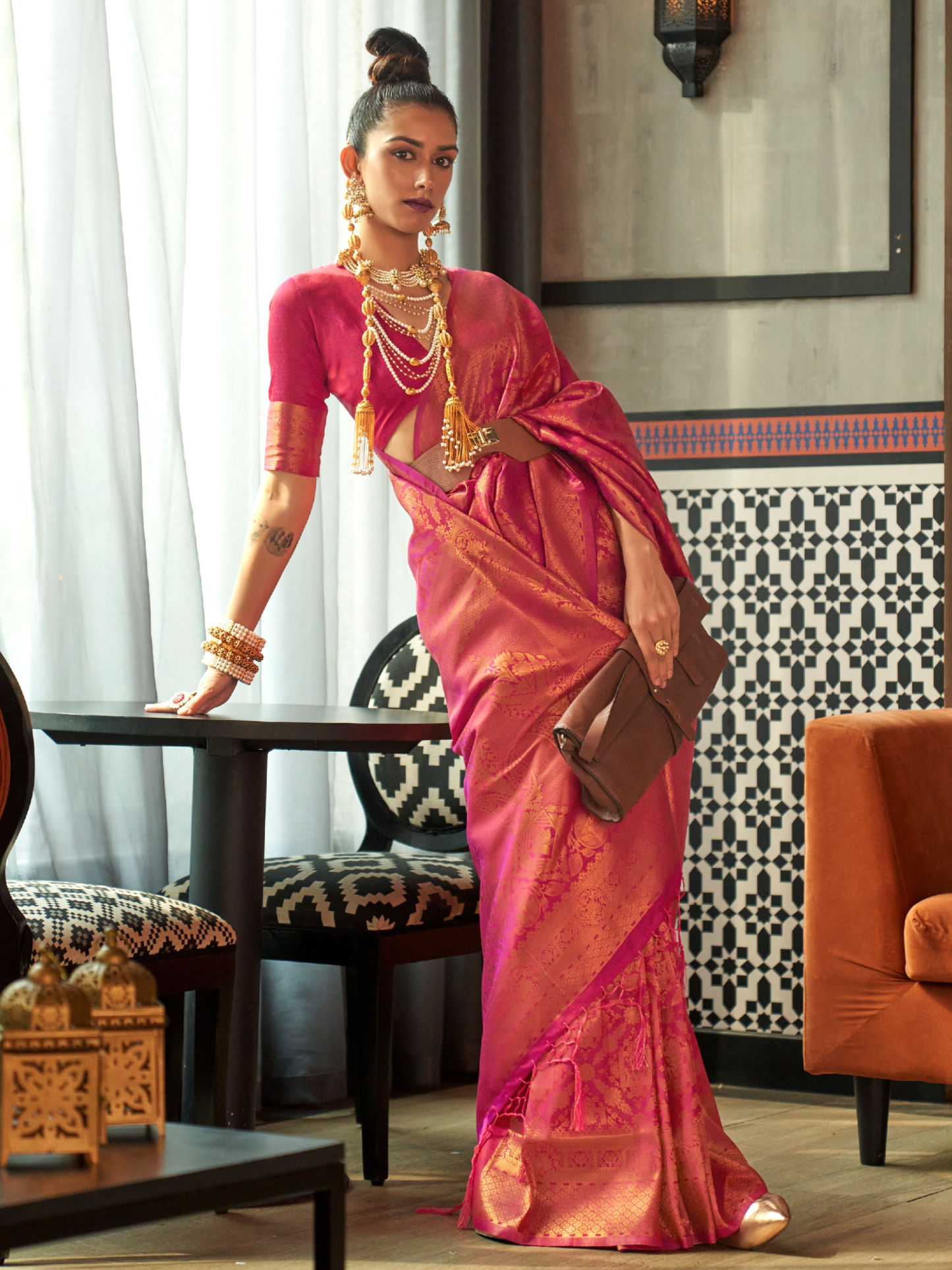 Rani Pink Woven Kanjivaram Silk Saree
