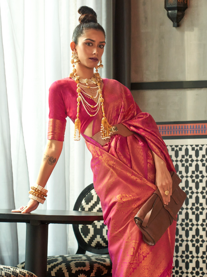 Rani Pink Woven Kanjivaram Silk Saree
