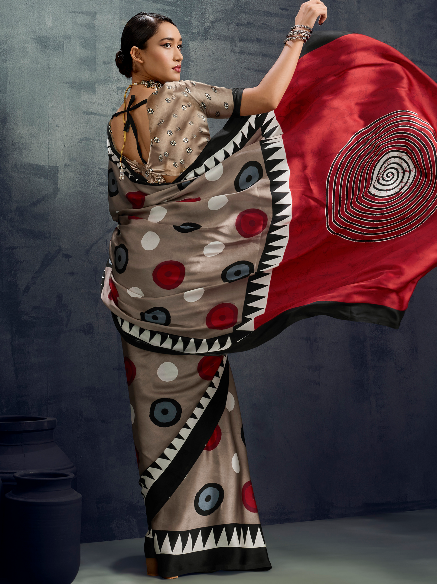 Dove Gray Printed Satin Silk Saree