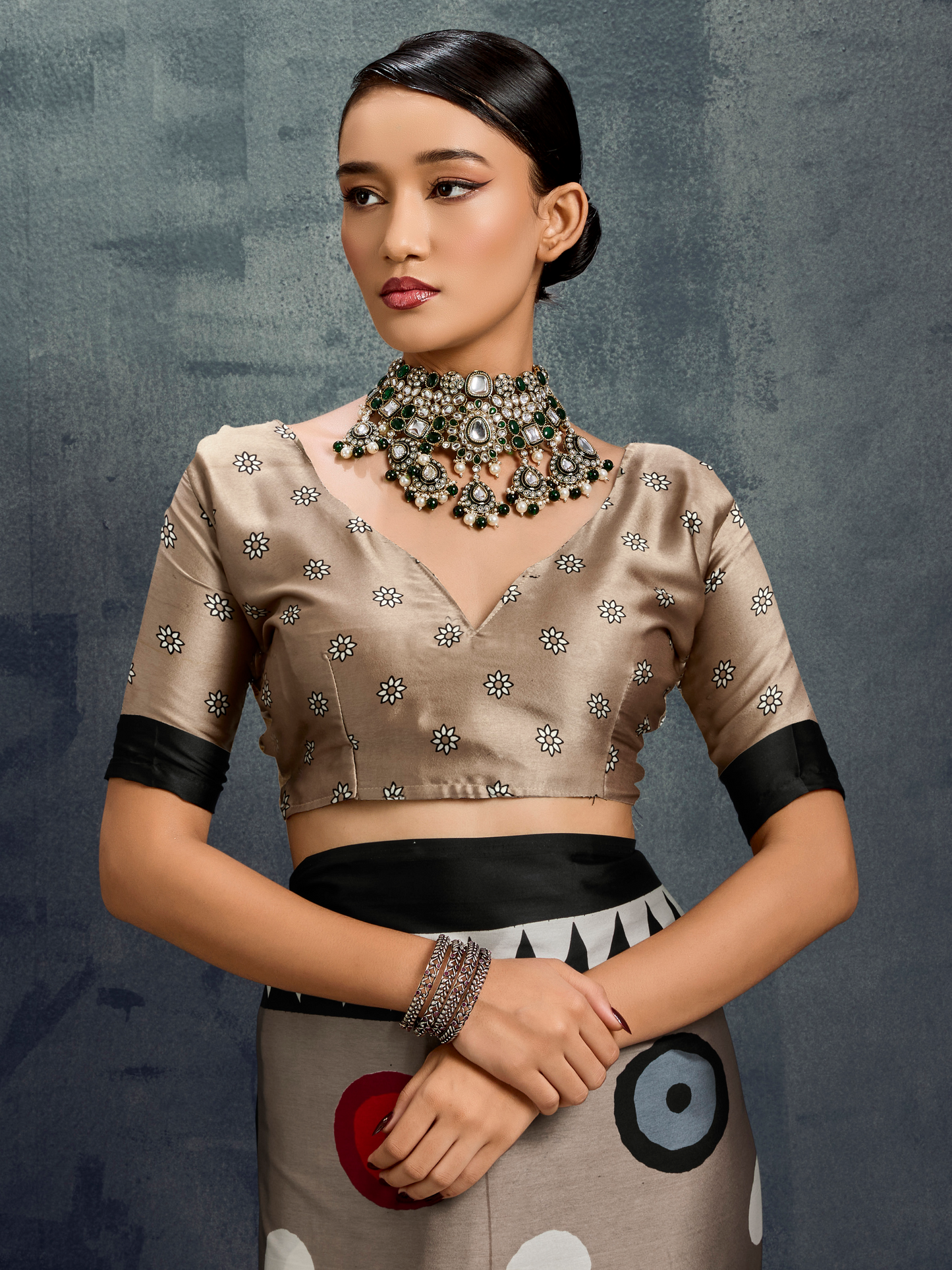 Dove Gray Printed Satin Silk Saree
