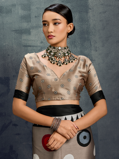Dove Gray Printed Satin Silk Saree