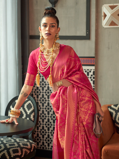 Rani Pink Woven Kanjivaram Silk Saree