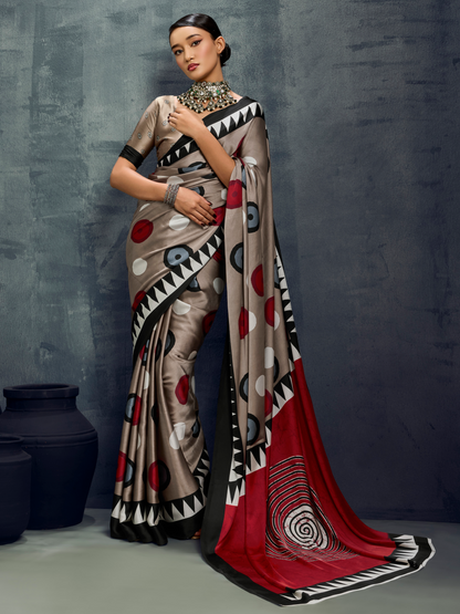 Dove Gray Printed Satin Silk Saree