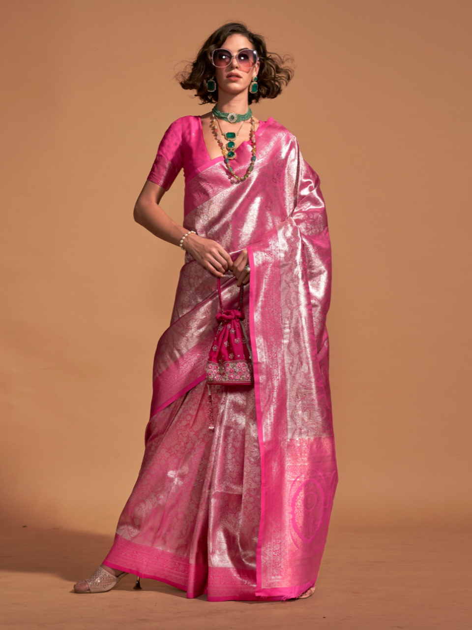 Shiny Pink Woven Kanjivaram Silk Saree