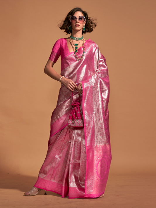 Shiny Pink Woven Kanjivaram Silk Saree