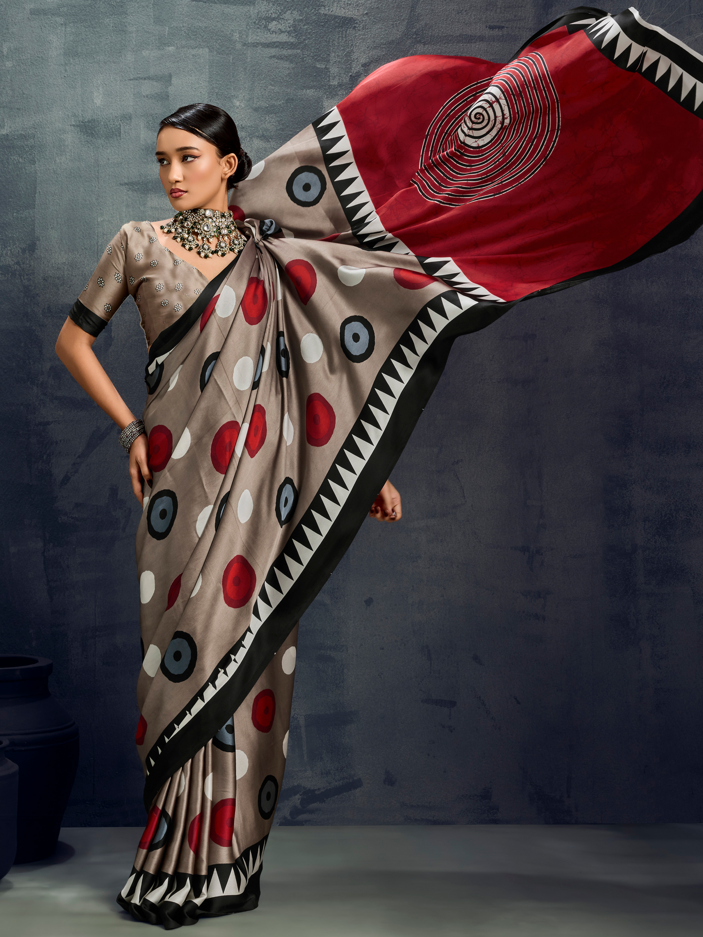 Dove Gray Printed Satin Silk Saree