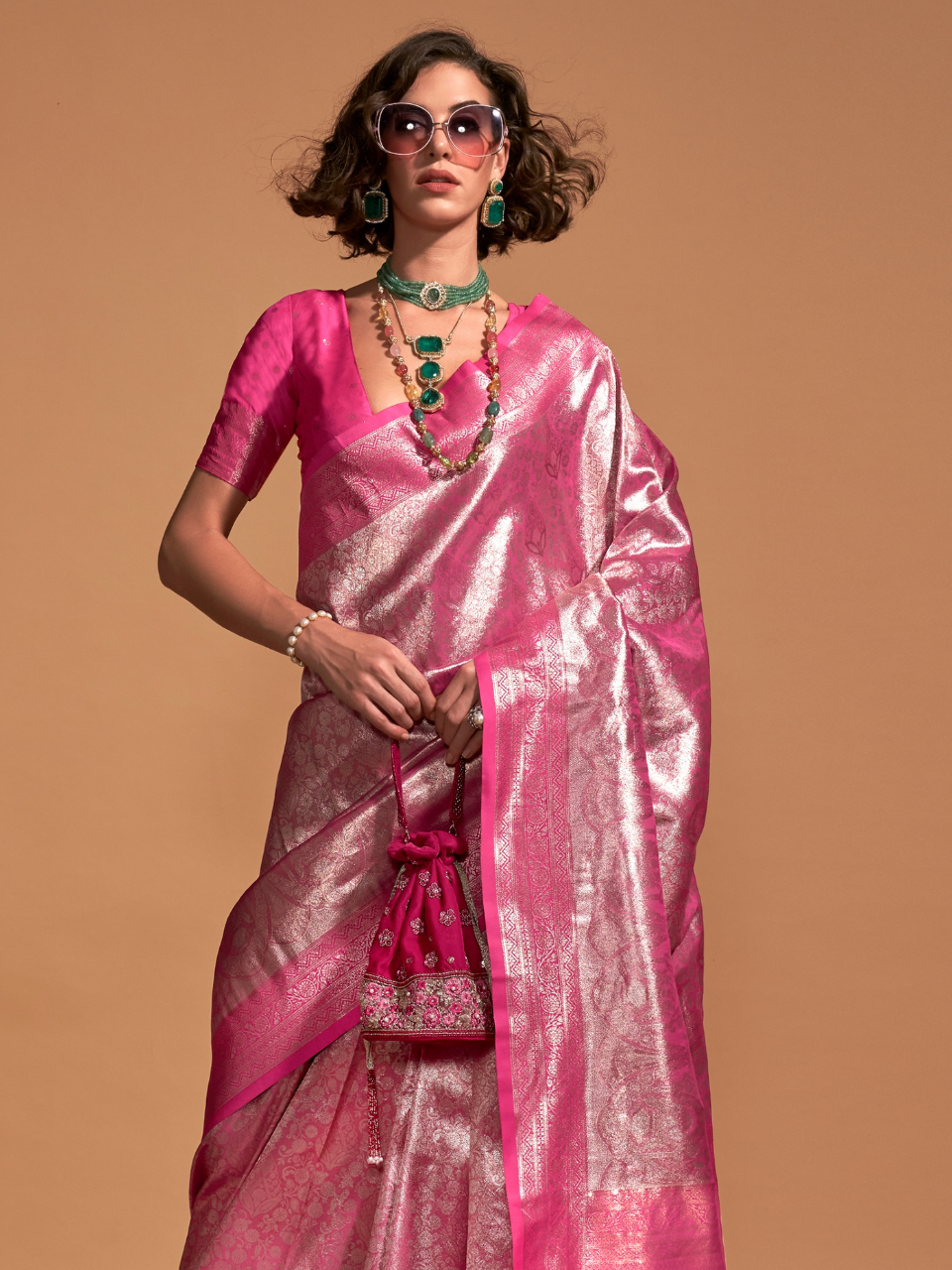 Shiny Pink Woven Kanjivaram Silk Saree