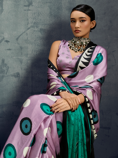 Lilac Purple Printed Satin Silk Saree
