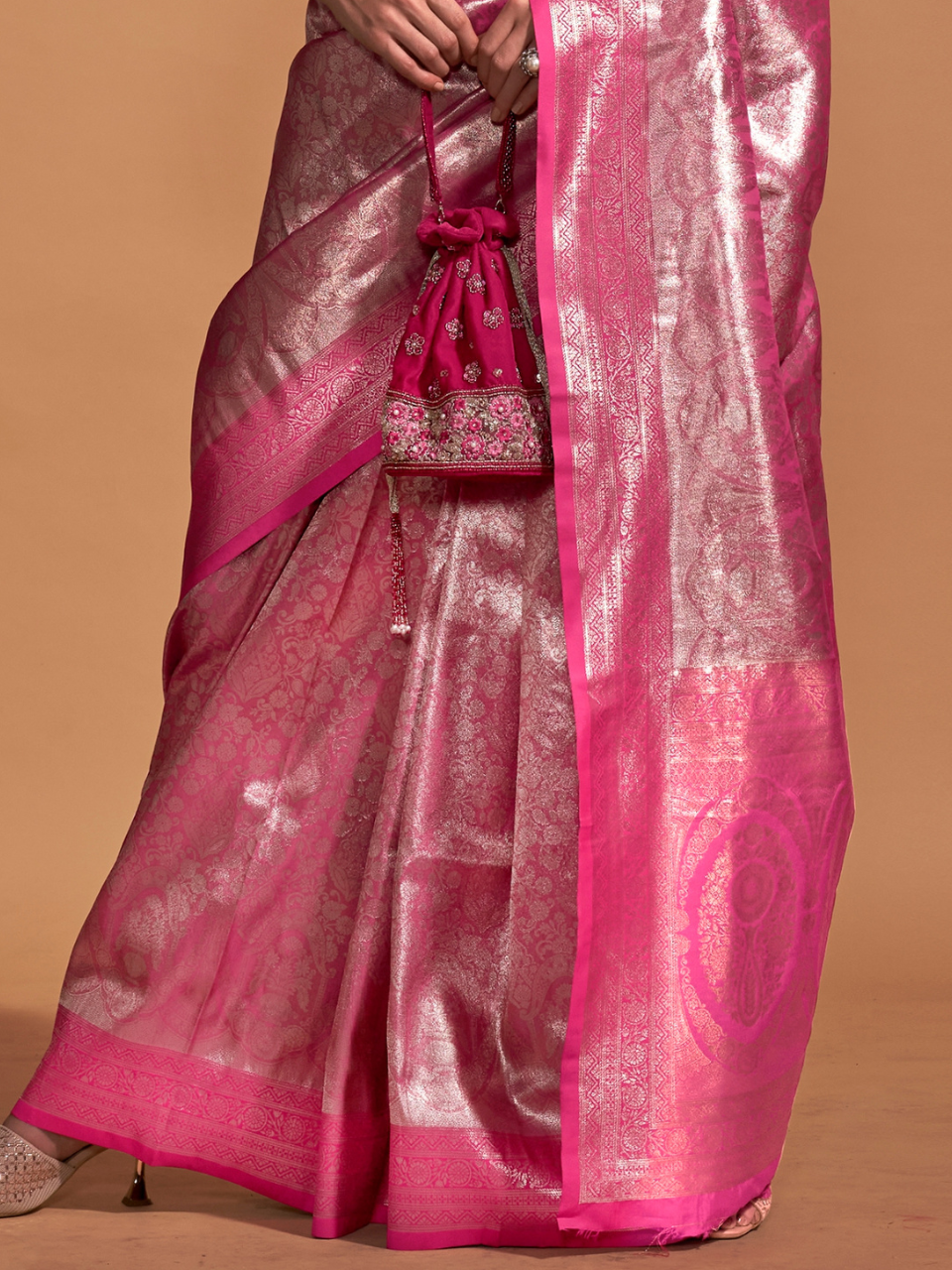 Shiny Pink Woven Kanjivaram Silk Saree