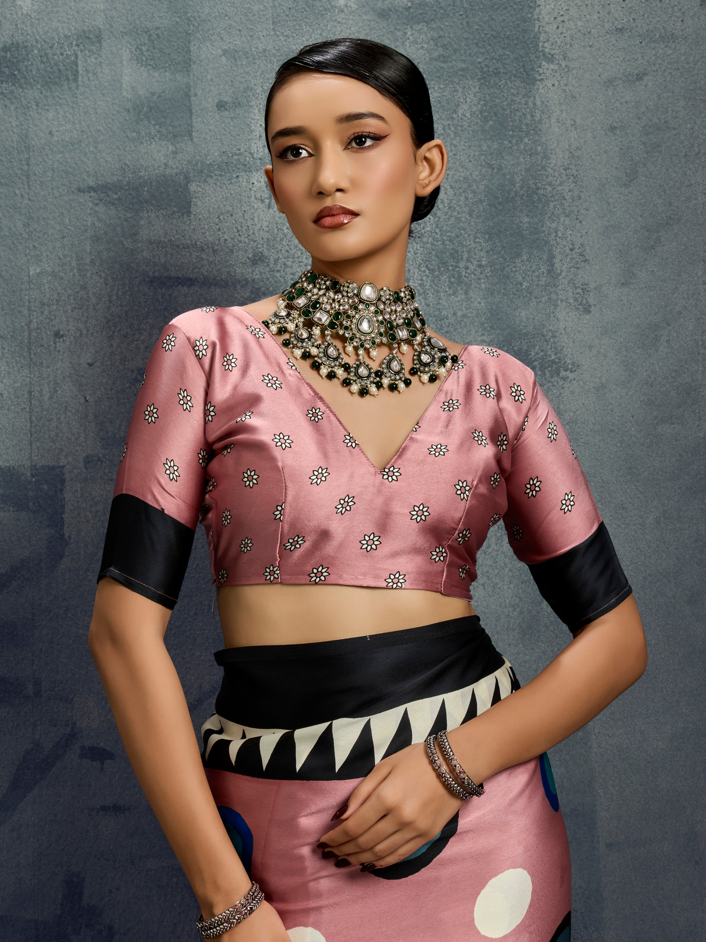 Salmon Pink Printed Satin Silk Saree
