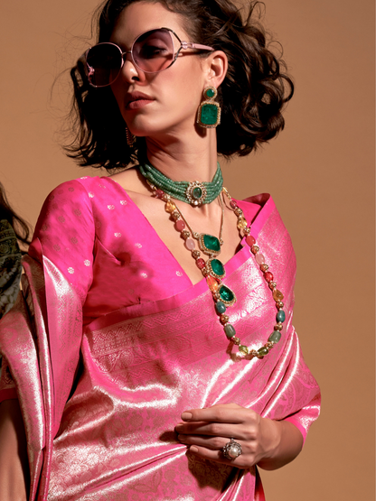 Shiny Pink Woven Kanjivaram Silk Saree