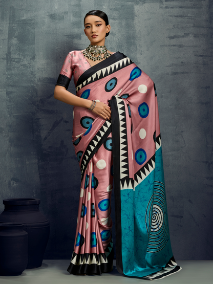 Salmon Pink Printed Satin Silk Saree