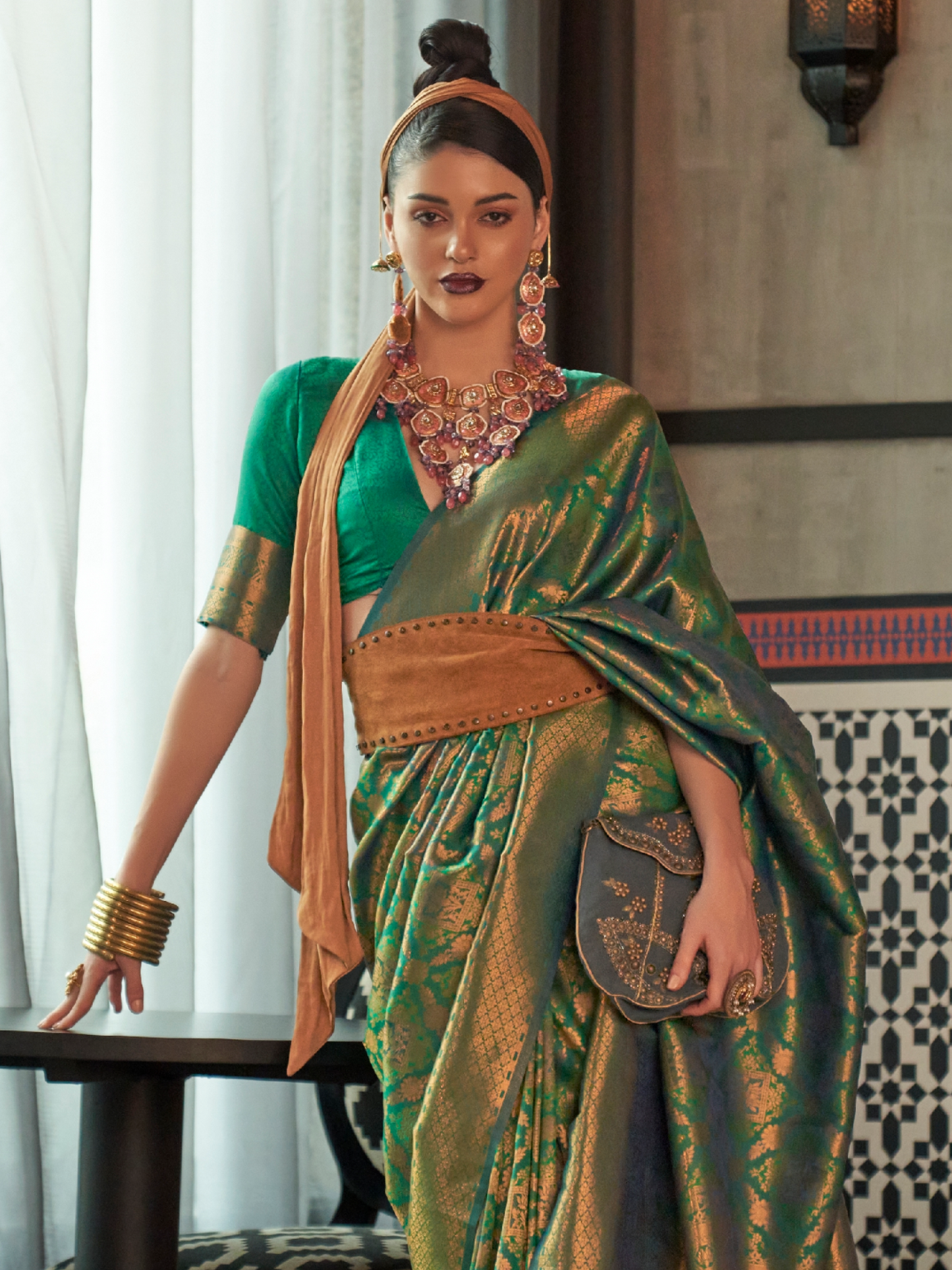 Pine Green Woven Kanjivaram Silk Saree