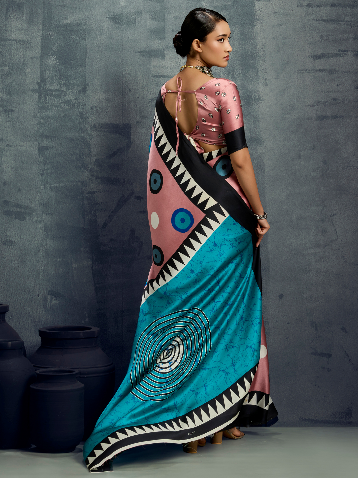Salmon Pink Printed Satin Silk Saree