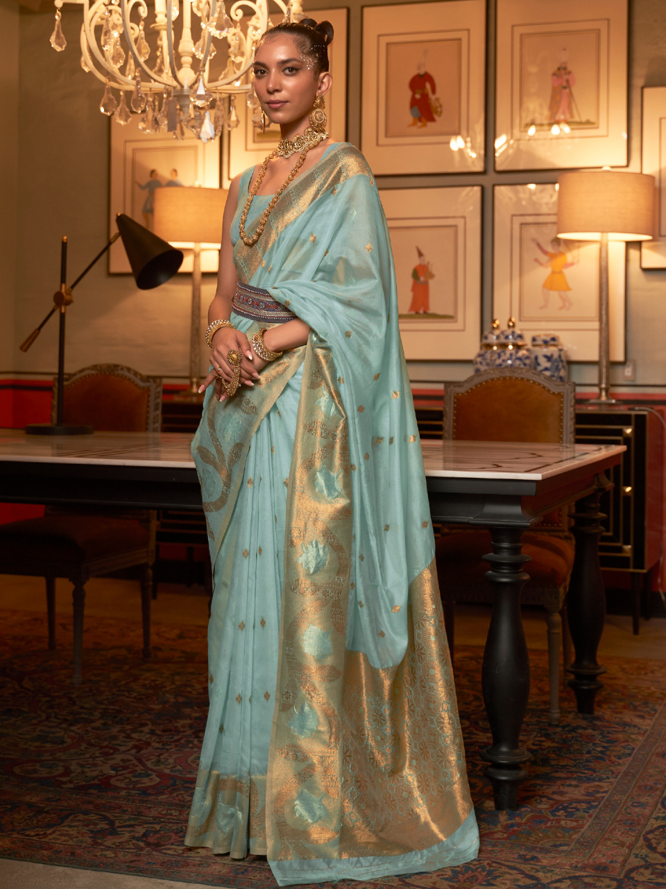 blue organza saree