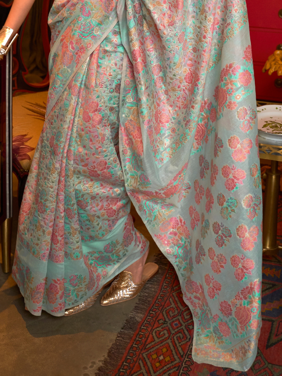 Tiffany Blue Woven Kashmiri Silk Saree