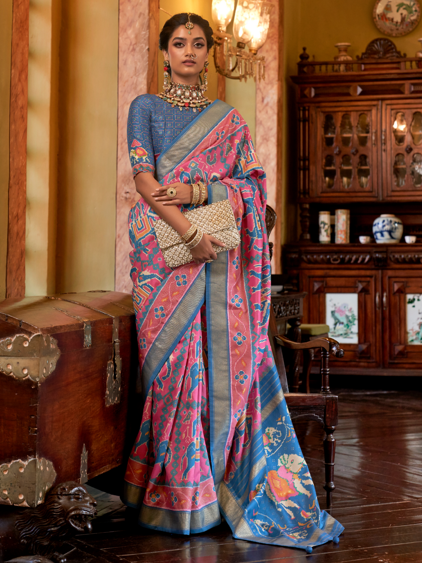 Bubblegum Pink Woven Patola Tussar Silk Saree