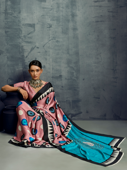 Salmon Pink Printed Satin Silk Saree