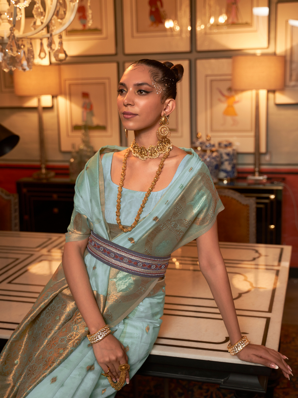 aqua blue organza silk saree