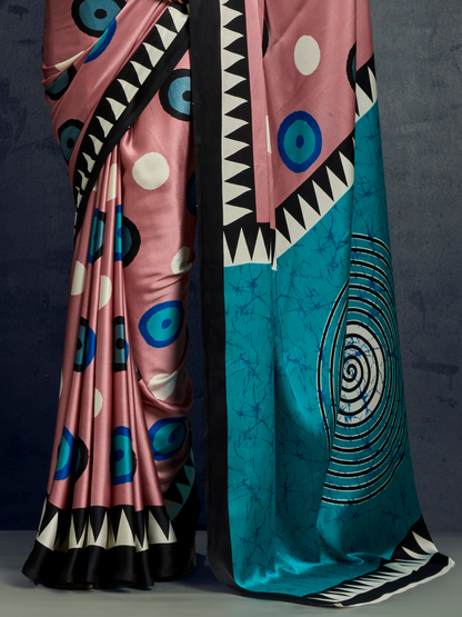 Salmon Pink Printed Satin Silk Saree