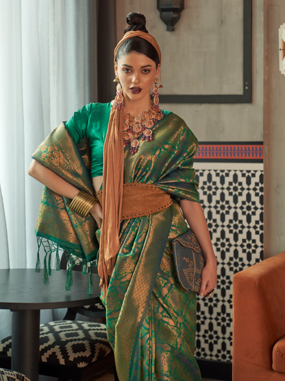Pine Green Woven Kanjivaram Silk Saree