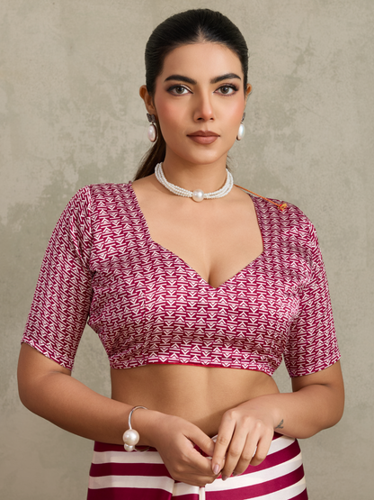 Magenta Pink Printed Satin Silk Saree